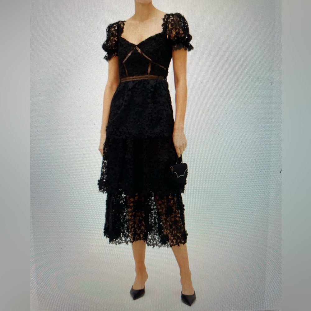 SELF-PORTRAIT Tiered floral 3d lace midi dress size us 4